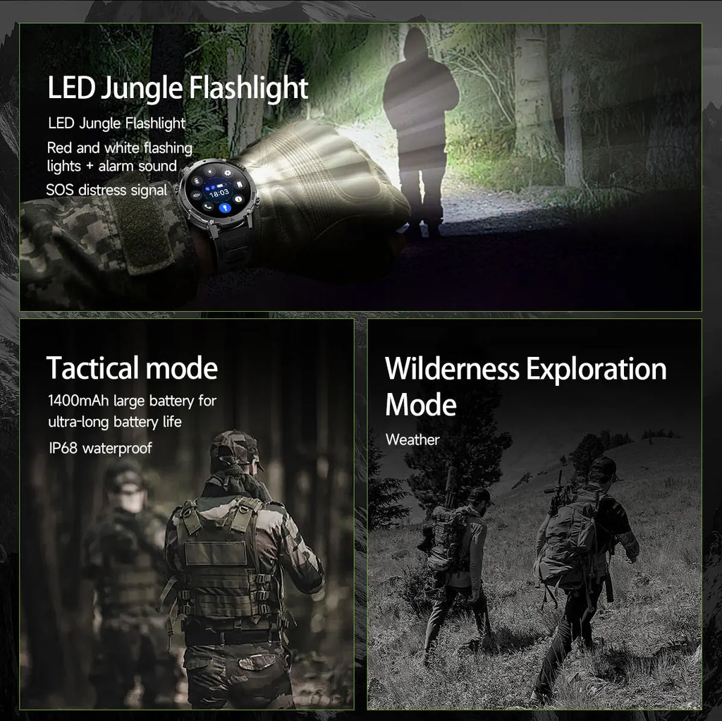 New Military ULtra 1400mAh Huge Battery SmartWatch Two Flashlight 10ATMan Waterproof HD Call 1.73“ 100+Sports Smart watch Man