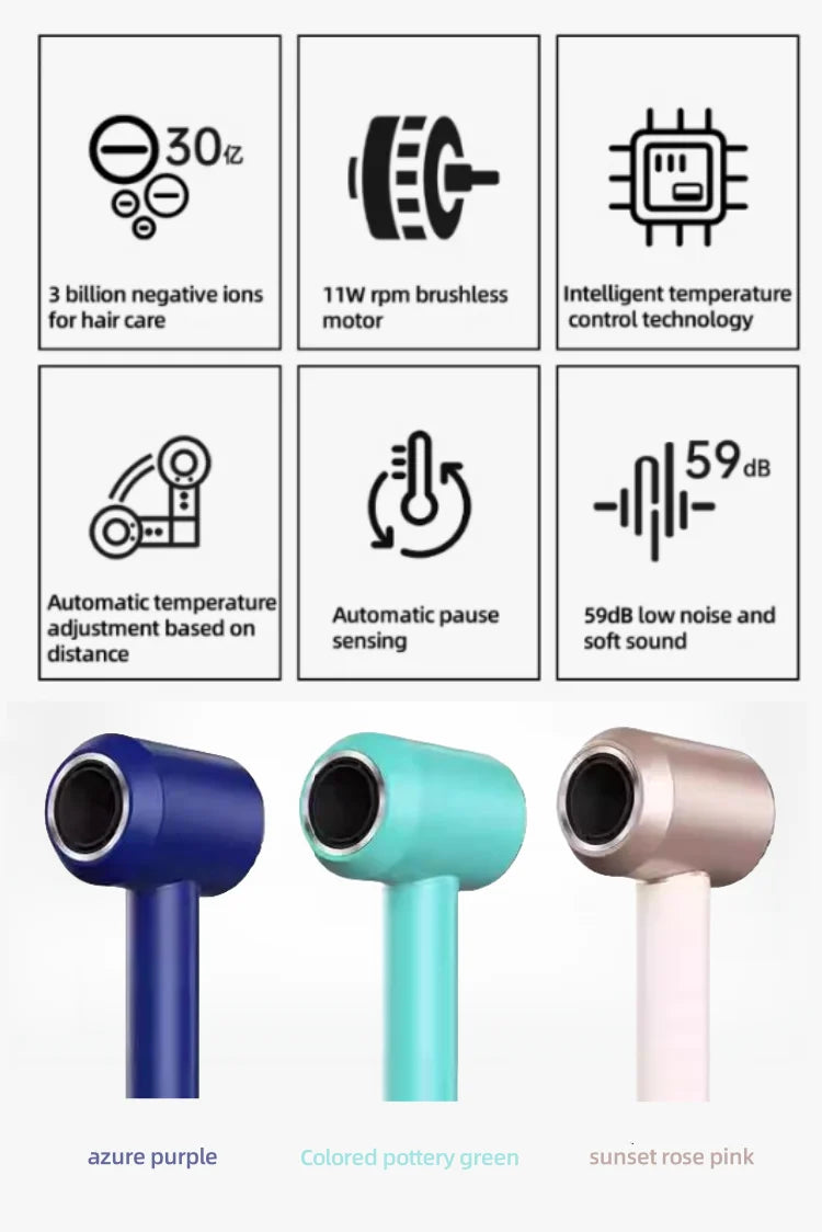 Professional silent hair dryer in purple, green, pink. Features ionic tech, brushless motor, and temp control.