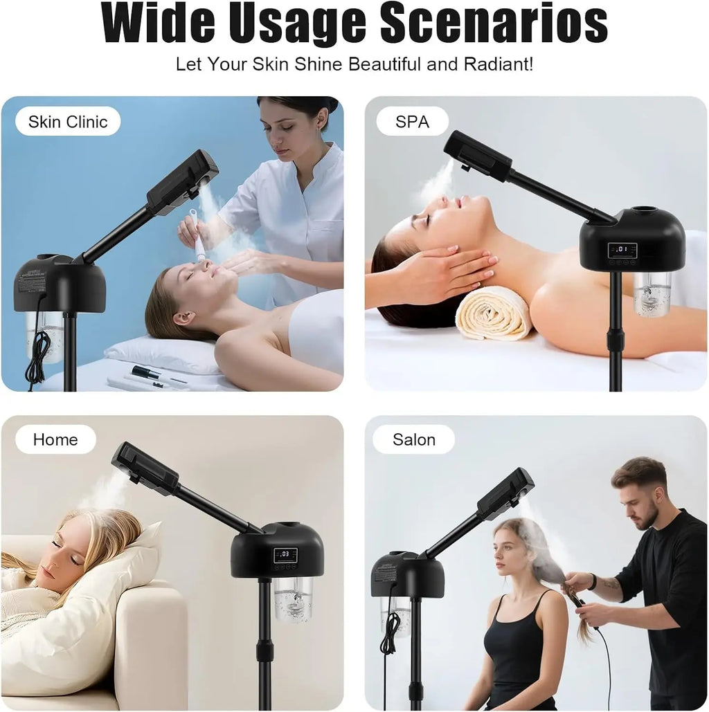 Portable professional black facial steamer with adjustable height, LCD screen, and water tank for spa and home use.