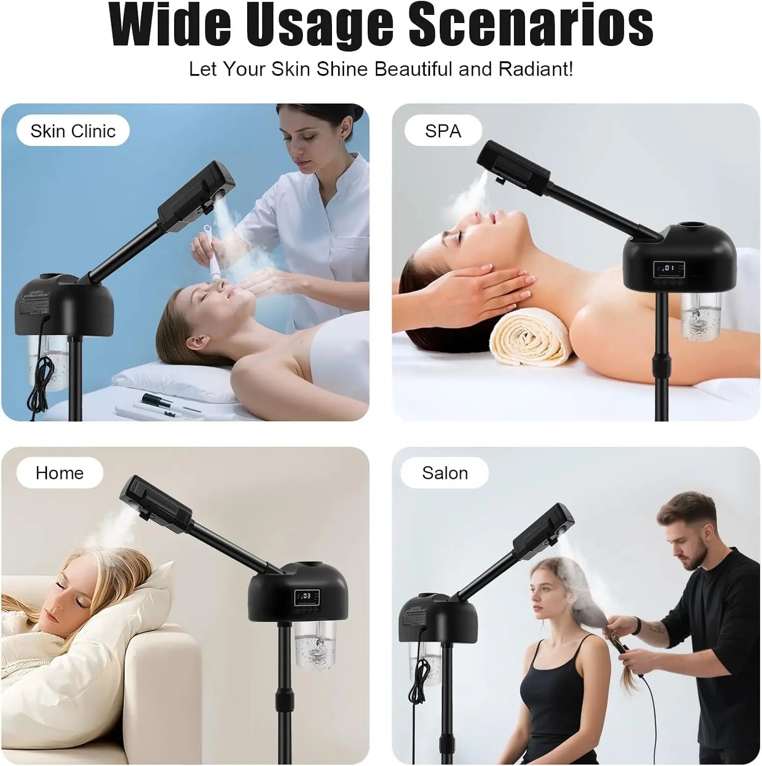 Portable professional black facial steamer with adjustable height, LCD screen, and water tank for spa and home use.