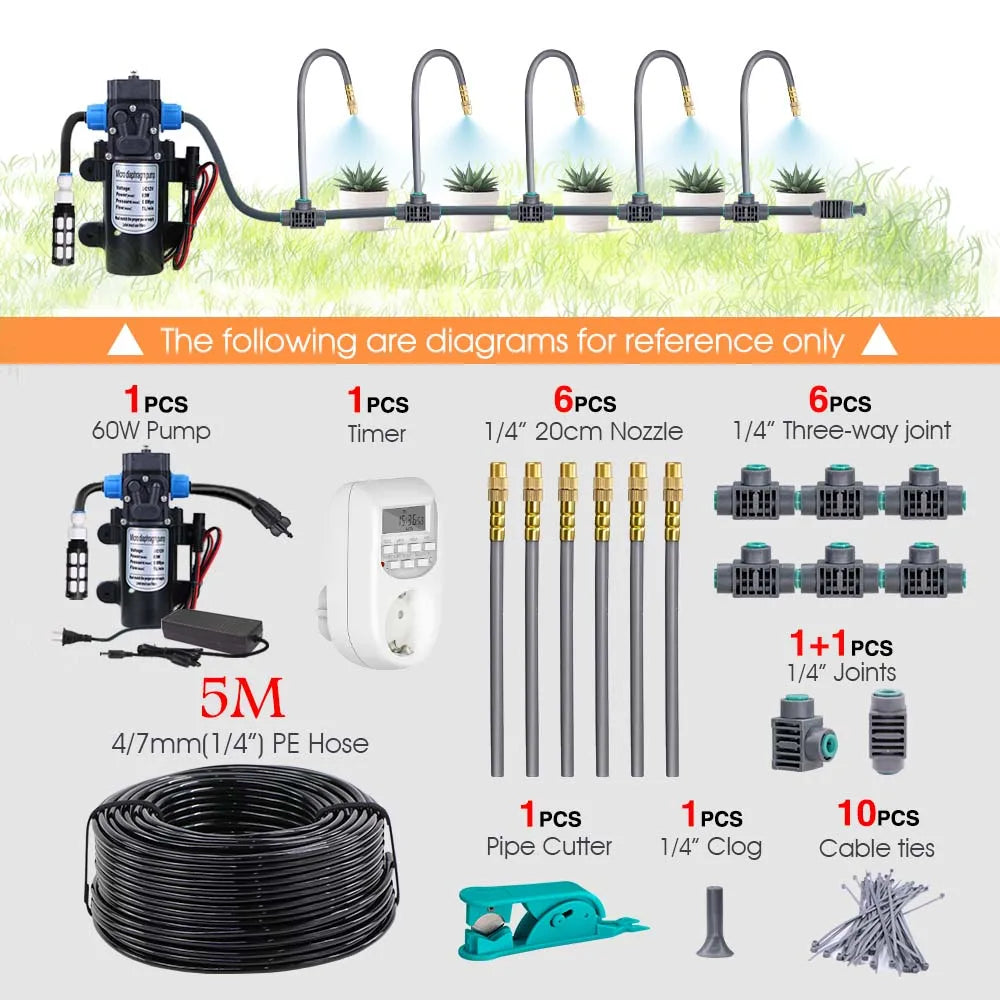 Irrigation kit diagram with 5M hose, pump, timer, mist nozzles, and pipe joints.