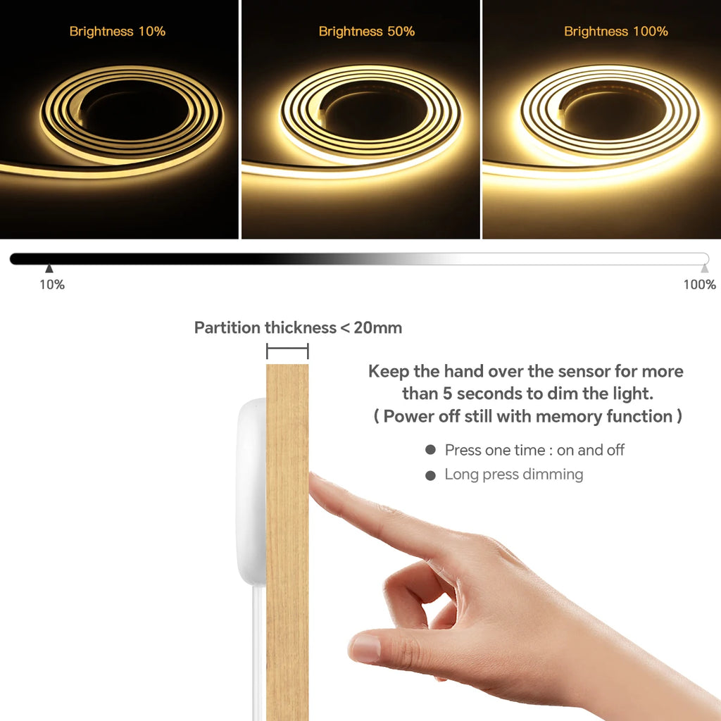 24V COB LED Neon Light Strip No Dark Spot Waterproof  Flexible Silicone Rope Light With Touch Dimmer Switch For Home Wall Decor