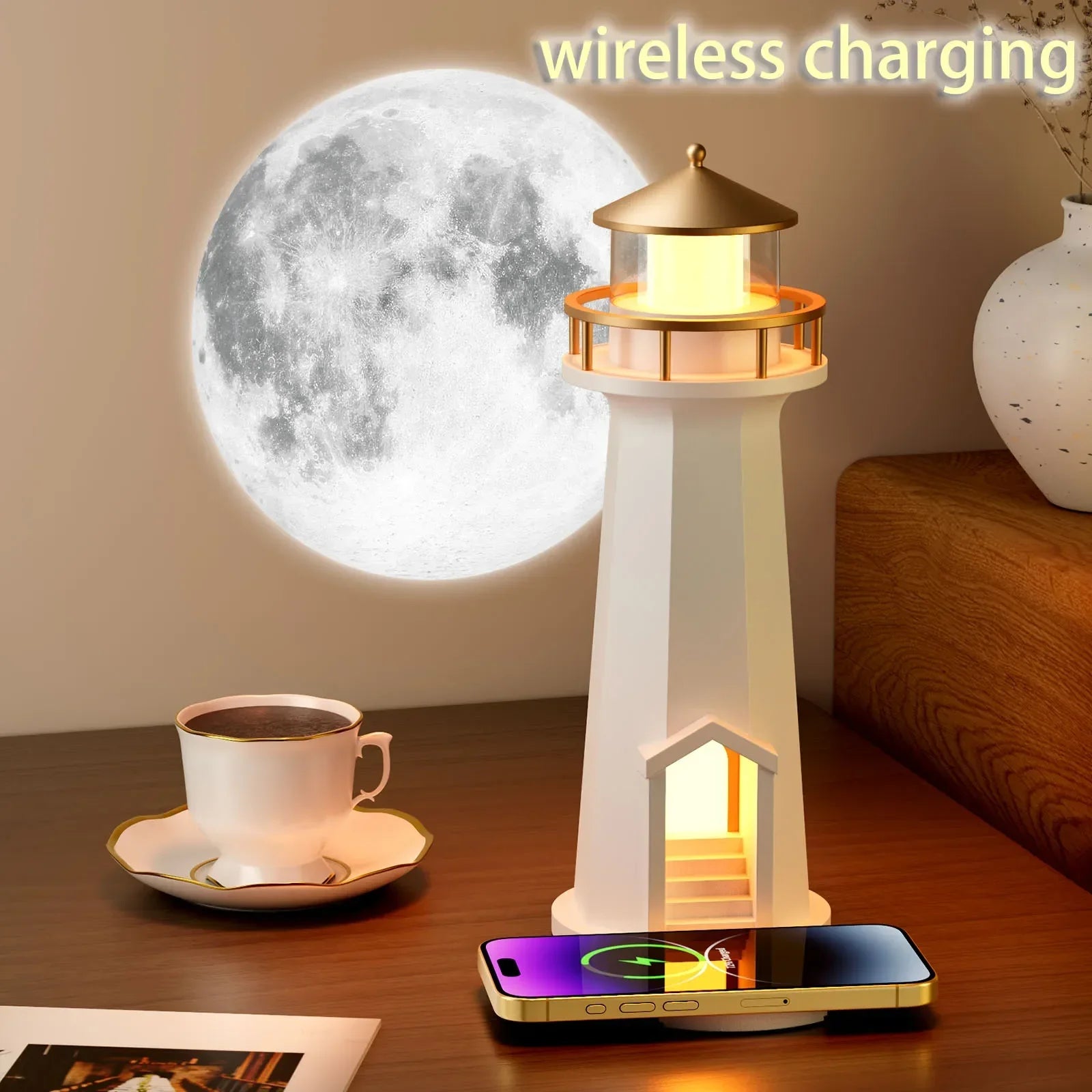 Moon Projector Wireless Charger with Bluetooth Speaker - White Tidesmit