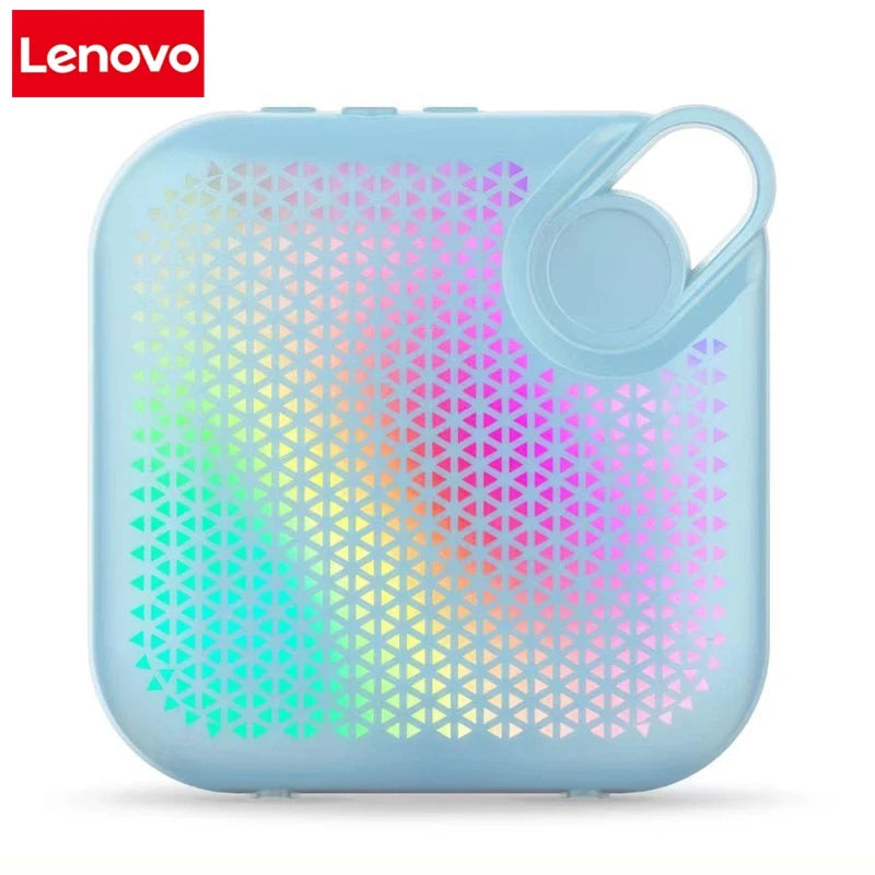 Lenovo portable Bluetooth speaker in blue with illuminated triangle grille pattern