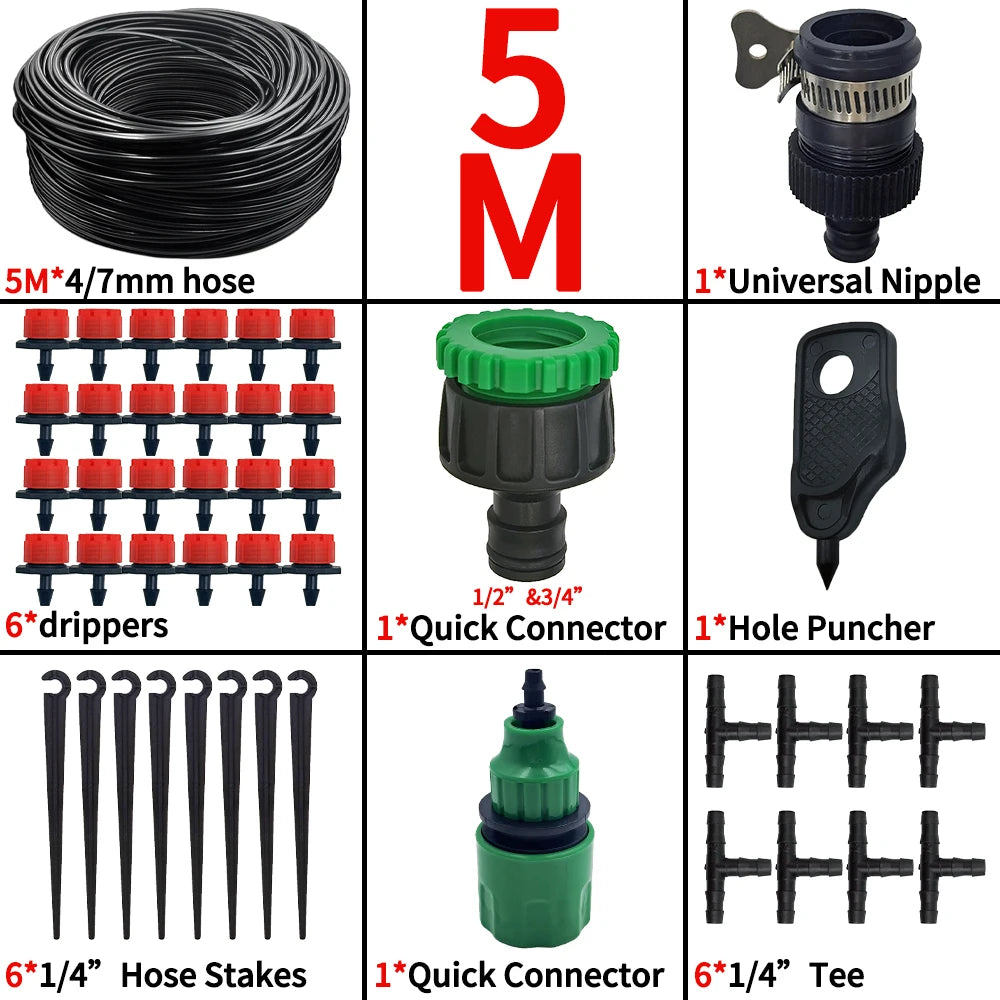 5M micro drip watering kit with black 4/7mm hose, universal nipple, quick connectors, stakes, tees