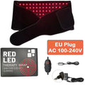 Red light therapy belt with LED wrap for back pain relief, includes controller, EU power adapter, and packaging box.