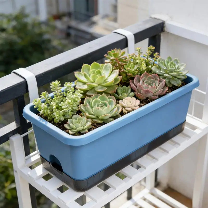 Blue rectangular self-watering window planter box holding succulents on a balcony ledge