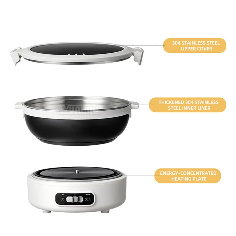 Portable electric cooking pot with black inner bowl, stainless-steel upper cover, white base