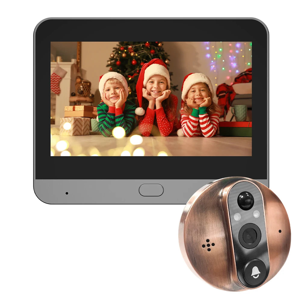 Bronze Wi-Fi door peephole camera kit with indoor monitor screen and outdoor camera
