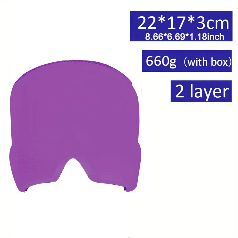 Purple gel ice pack migraine relief hat, 2-layer cold compress therapy cap for tension and sinus headache relief.