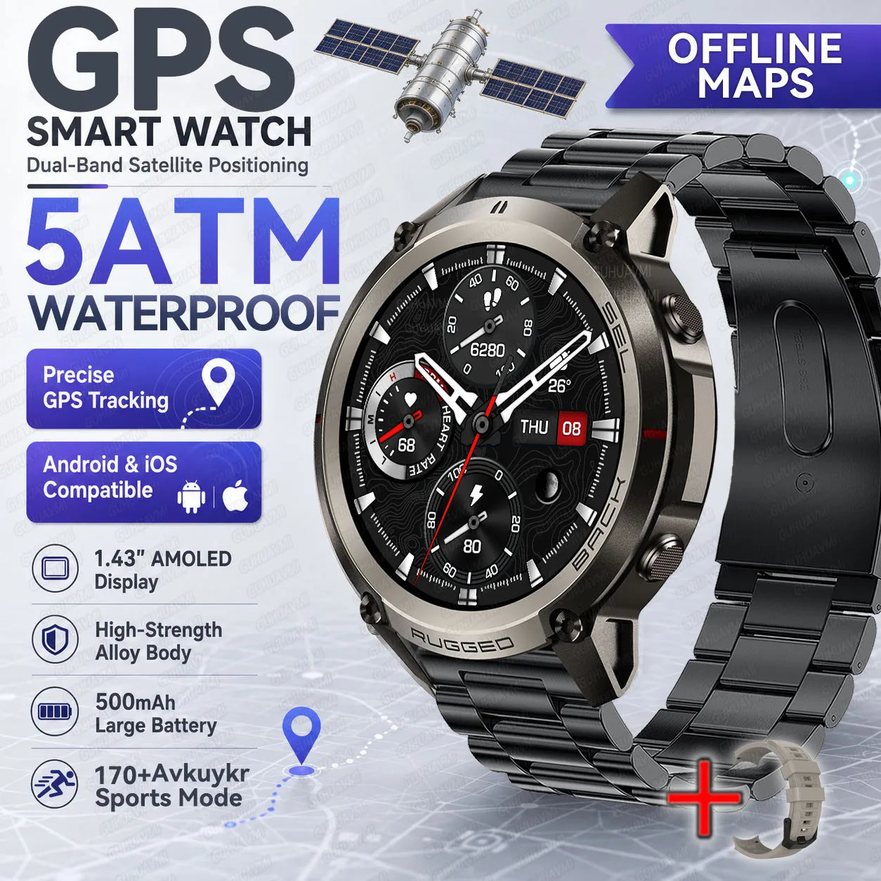 2026 Outdoor Tactical GPS 1.43"AMOLED Smart Watch Offine Map Compass Heart Rate Fitness Tracker 5ATM Waterproof Sports Watches
