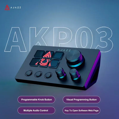 Ajazz AKP03 mini programmable keyboard in black with LCD macro keys, three rotary knobs, and buttons on a blue background.