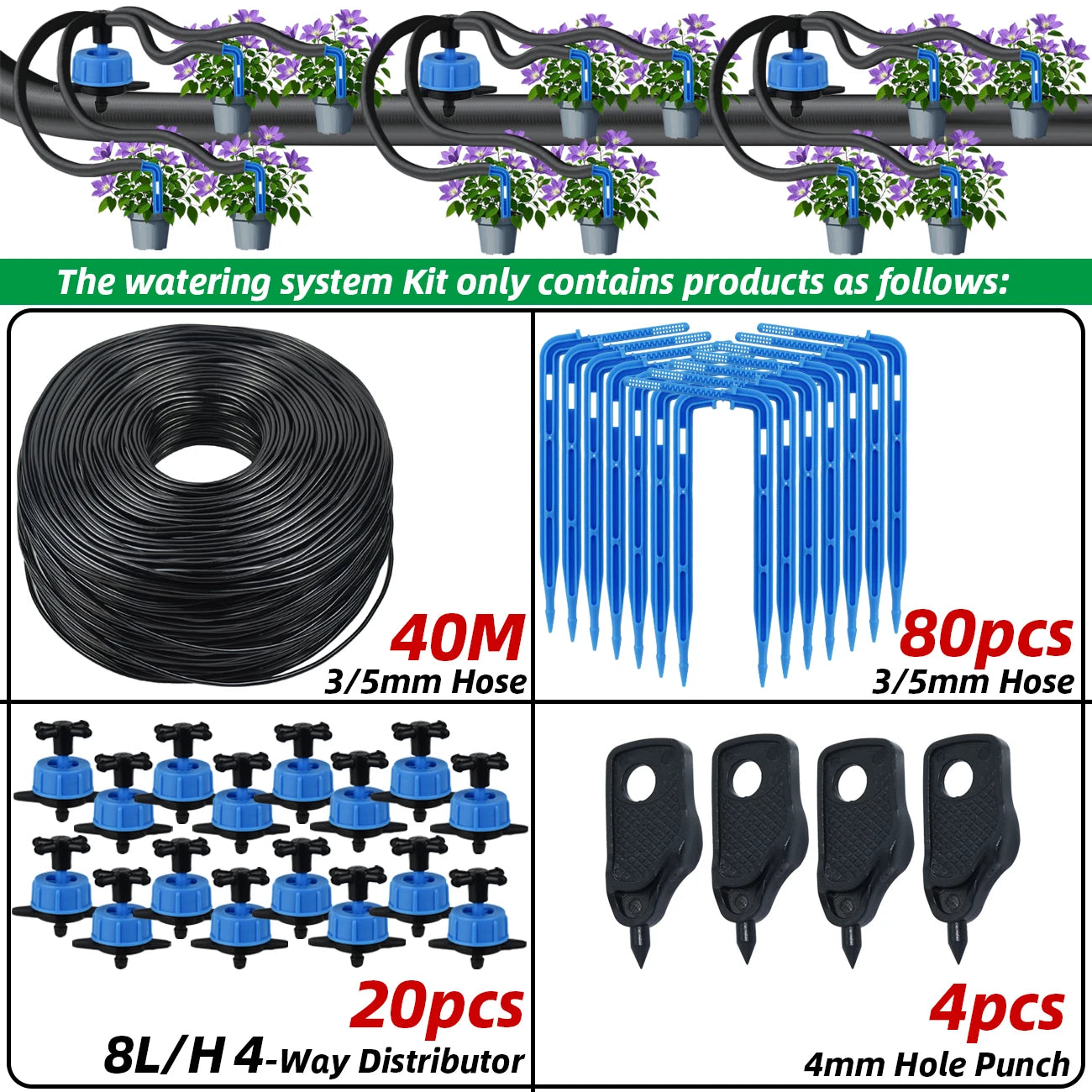 Drip irrigation kit parts: 40m 3/5mm hose, 8L 4-way distributor, blue drippers set