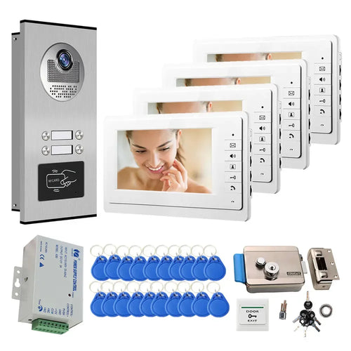 Stainless video door intercom kit with indoor monitors and blue RFID key fobs