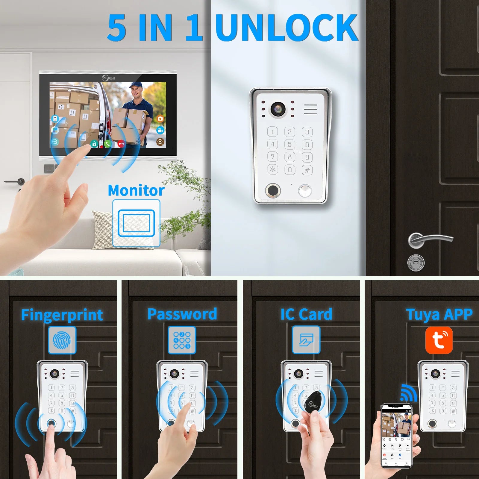 ANJIELO Fingerprint IC Card Password 3in1 Unlock Doorbell Video Intercom for Home 1080P 148° Wide View  4-wired System