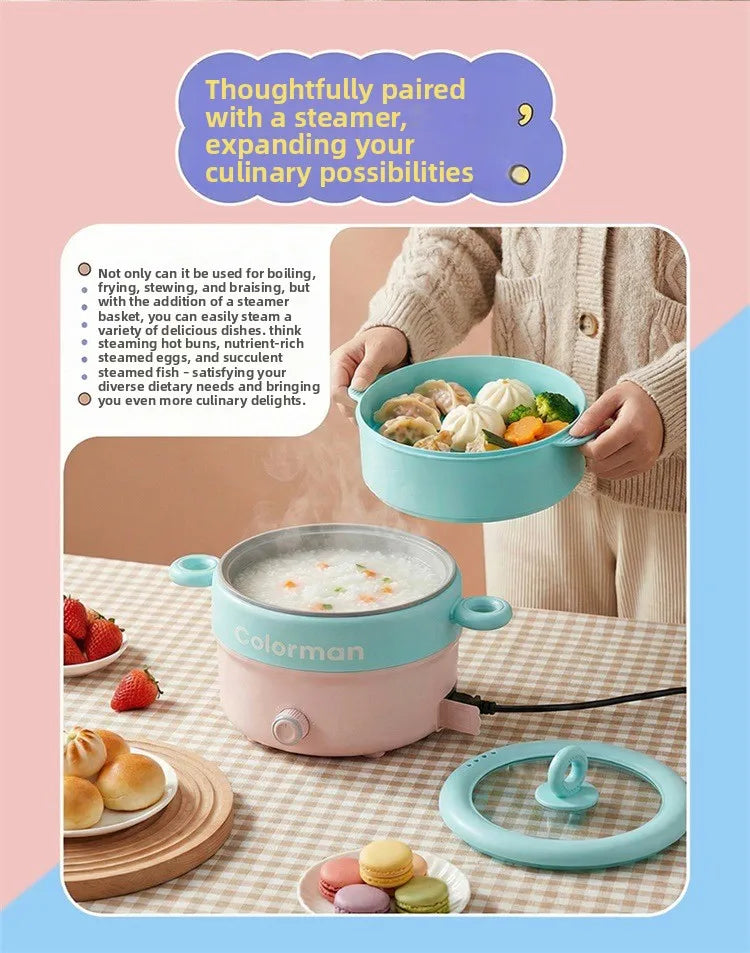 Light blue electric cooking pot with lid and dual handles, cooking food
