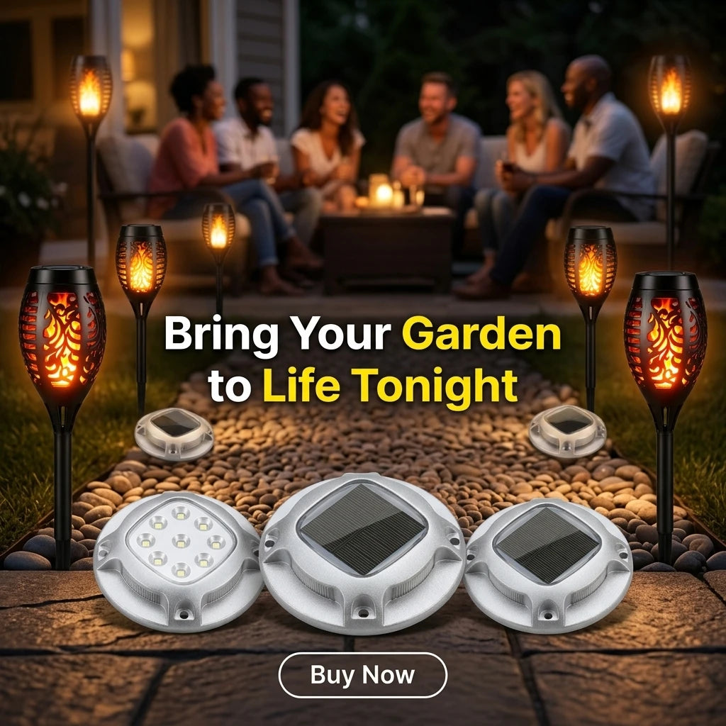 Solar Outdoor Lights Set: Flickering Flame Torch Lights & Round Warm White Ground Lights for Garden Pathway, Lawn Landscape Lighting, Waterproof LED S-Curve Path Guide Lights for Yard, Driveway, and Courtyard Night Atmosphere