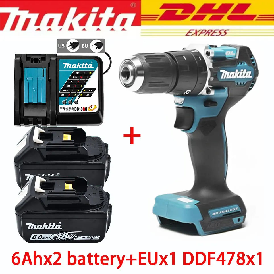 100% Makita Origina DDF487 Cordless Driver Drill Brushless Electric Impact Screwdriver 18V Rechargeable Power Tool -Makita 18V Battery DDF487 Brushless Electric Drill, Suitable for Five-rope Impact Drill of Decoration Team Us