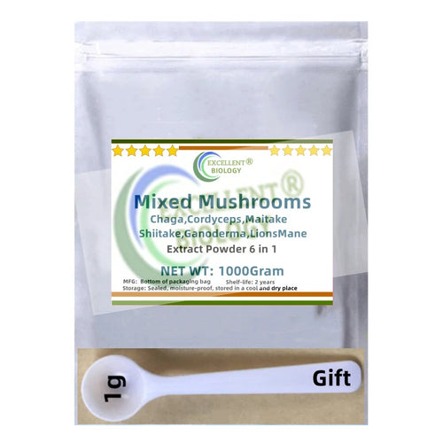 6 in 1 Mixed Mushrooms extract powder for adaptogen drinks and soap making in sealed packaging with 1g measuring spoon.
