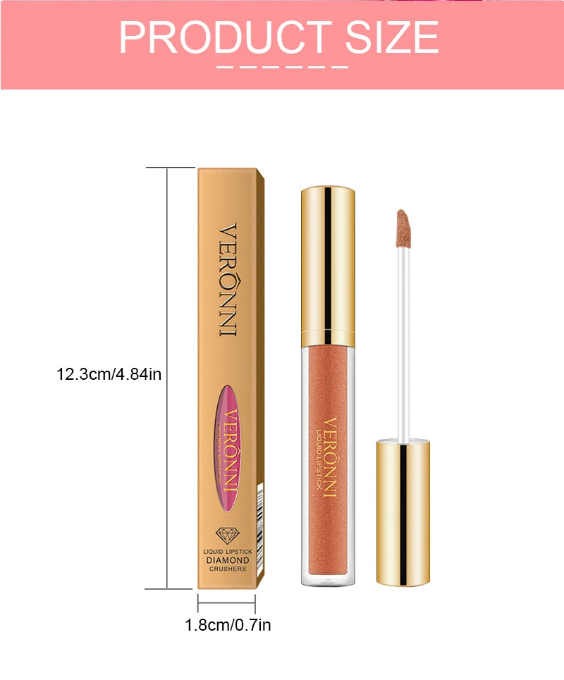 Veronni diamond shimmer glitter liquid lipstick in gold packaging with wand applicator and product size dimensions.