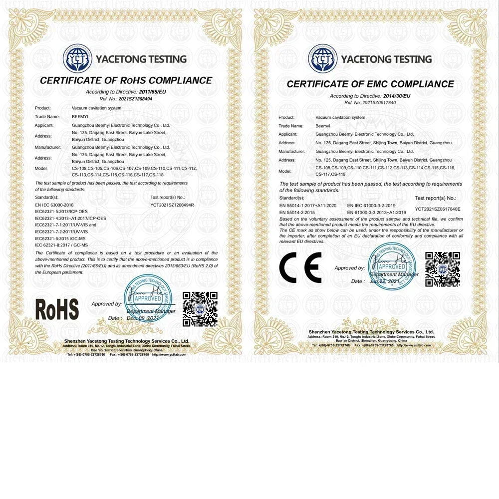 Two side-by-side compliance certificates for a vacuum cavitation system, featuring official text, seals, and QR codes.