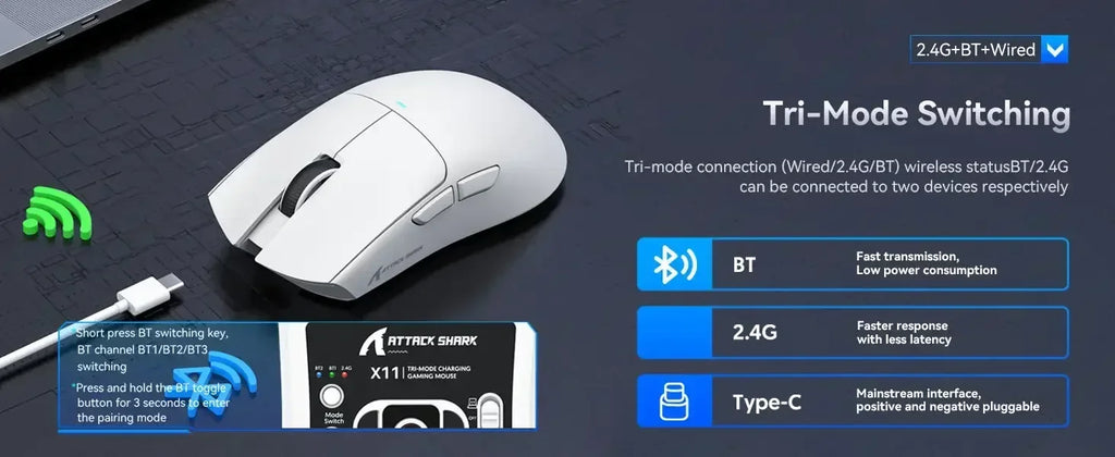 Hot Sale ATTACK SHARK X11 Wireless Gamer Mouse with Charging Dock PixArt PAW3311 Gaming Sensor 22000 DPI, BT/2.4G Wireless Mouse