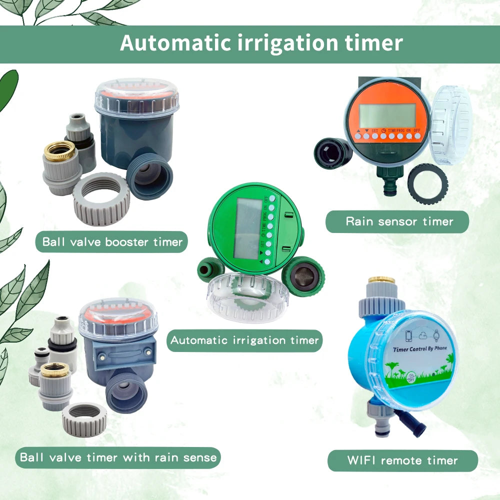Automatic irrigation timer set with WiFi remote, rain sensor, and ball valve booster
