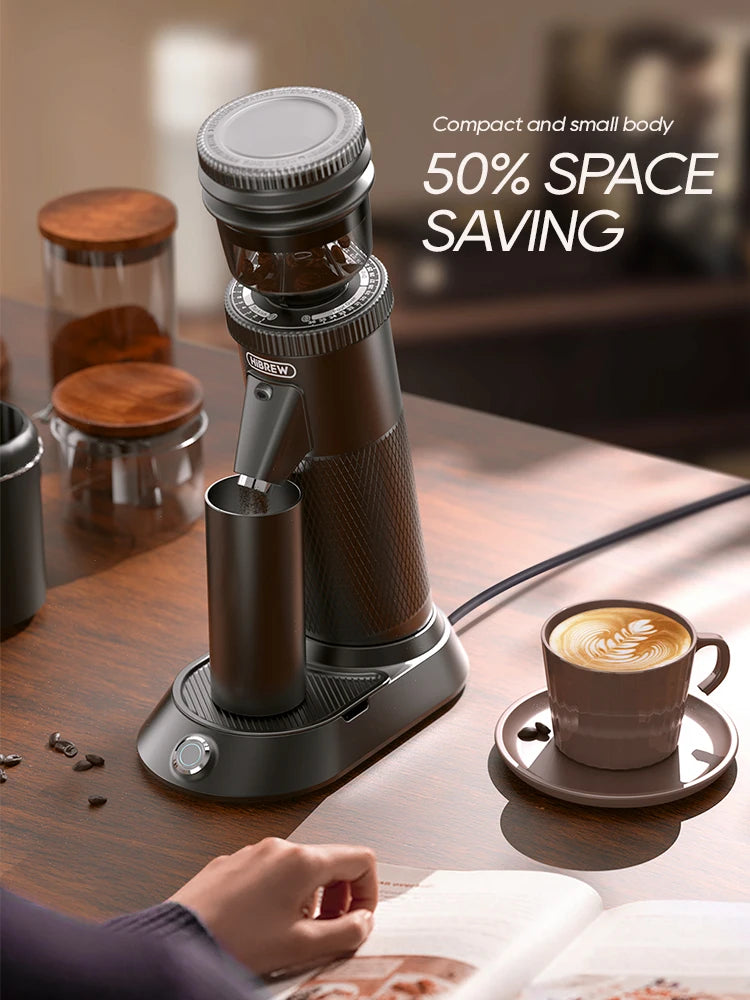 HiBREW compact black electric coffee grinder with space-saving vertical design, bean hopper, and metal dosing cup.