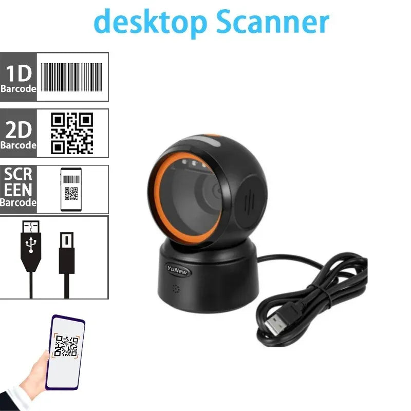 Black desktop barcode scanner with orange ring on scan window and connected USB cable