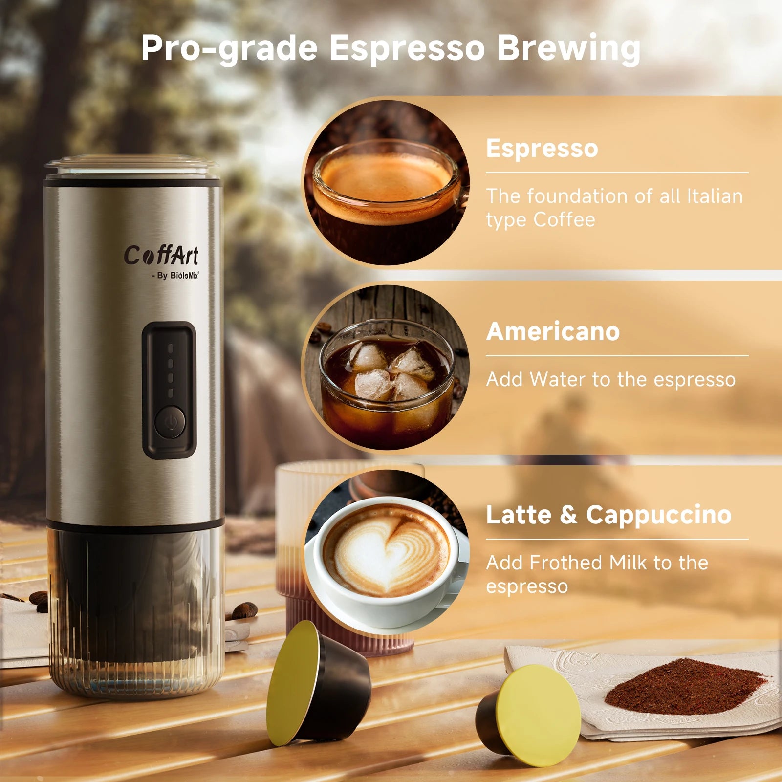CoffArt by BioloMix portable silver stainless steel espresso maker for capsules and ground coffee.
