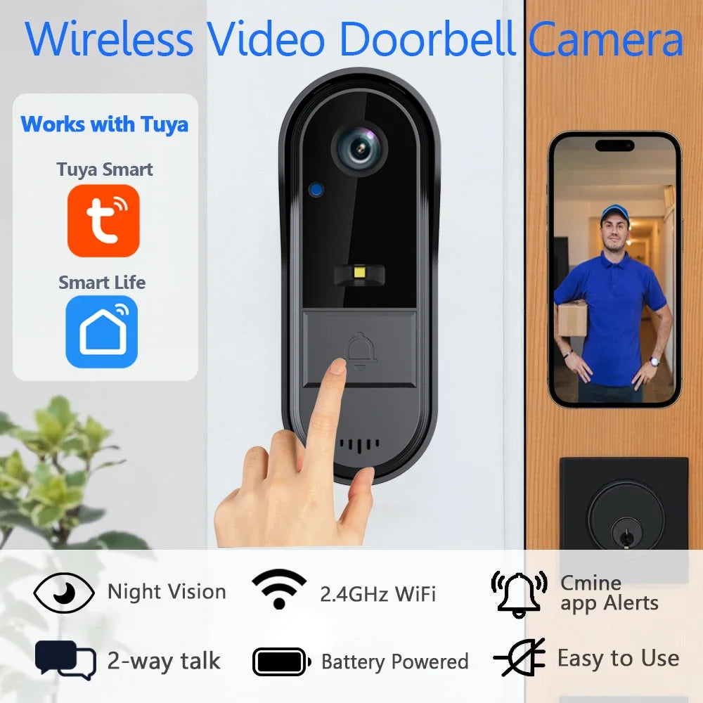 Tuya WiFi doorbell  2-way HD 1080P, microSD/cloud, waterproof, 1000mAh battery, long standby,Wireless Security Camera