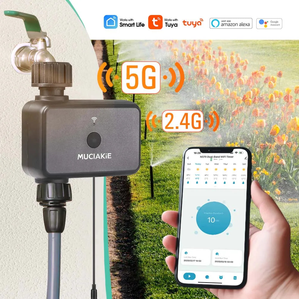 WiFi irrigation timer with controller, app phone view, and 5G/2.4G signal indicators