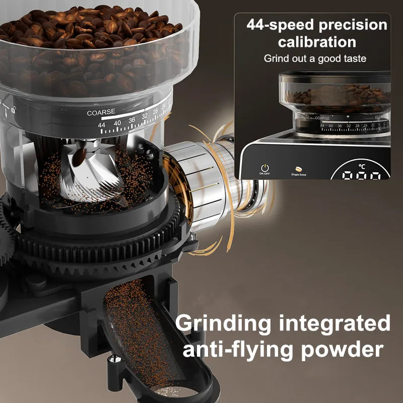 Black electric coffee grinder with 44-speed precision settings, visible metal burrs, and anti-static powder chute.