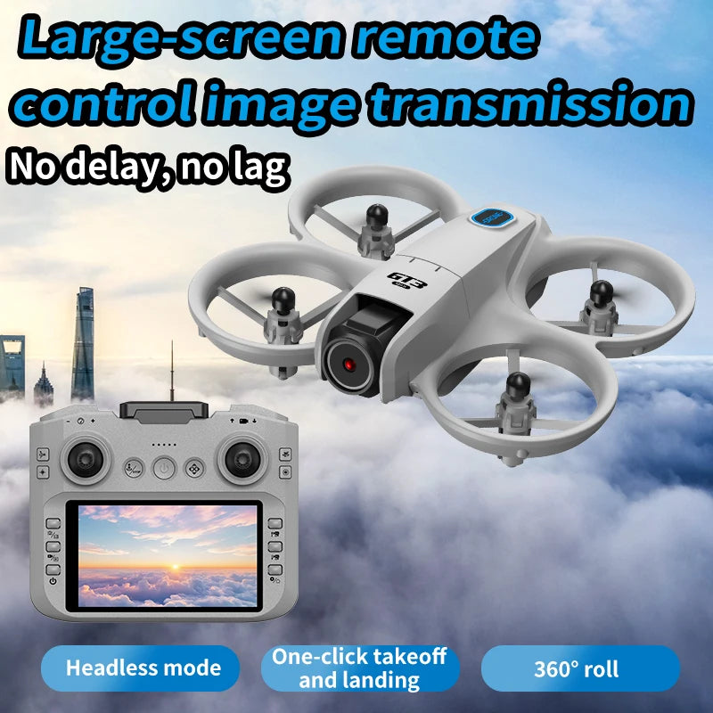 Gray quadcopter drone with ducted propellers and remote controller featuring a built-in display screen for live video.