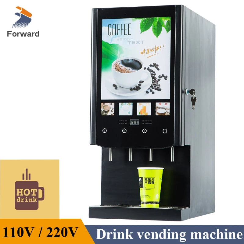 Forward black commercial coffee and hot drink vending machine with touchscreen display and four dispensing nozzles.