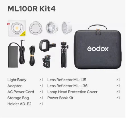 ML100R Kit4 photography lighting set with LED light, reflectors, power adapter, mount, tripod, and black storage case.