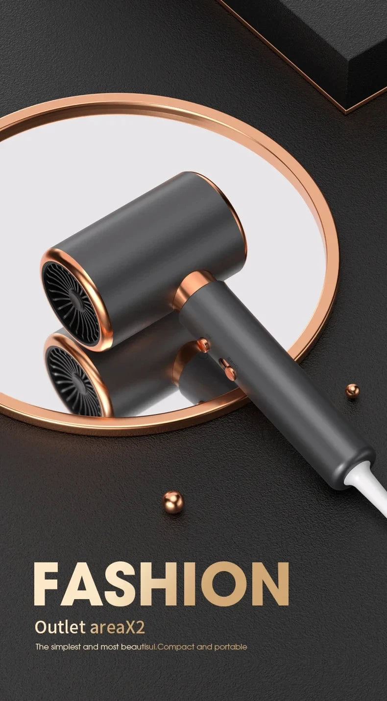 Professional 2000W ionic hair dryer in sleek grey and rose gold, featuring a compact design and mirror reflection.