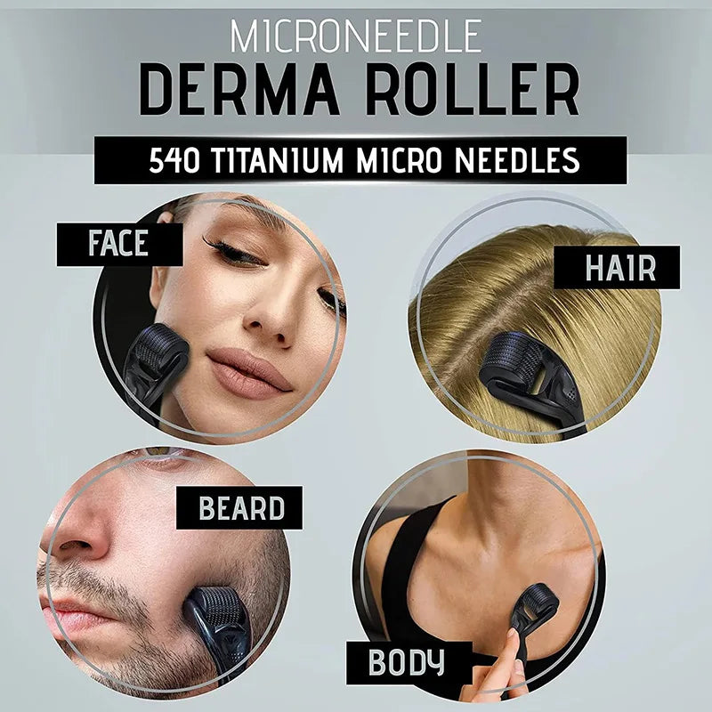 Black 540-needle derma roller shown in use on face, hair, beard, and body in a four-part instructional graphic.