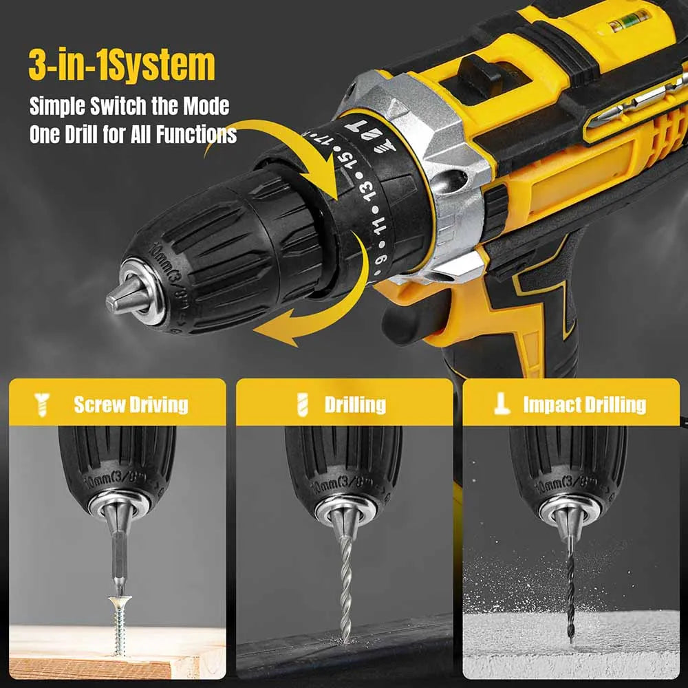 Cordless Impact Drill 1800RPM Electric Screwdriver & Hammer Drill 3-in-1 Mini Wireless Hand Drill, Rechargeable Power Tool for Household Installation and Repair