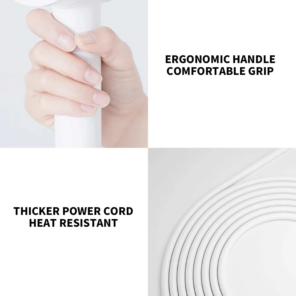 Xiaomi Mijia H300 hair dryer features an ergonomic, comfortable white handle and a durable, heat-resistant power cord.