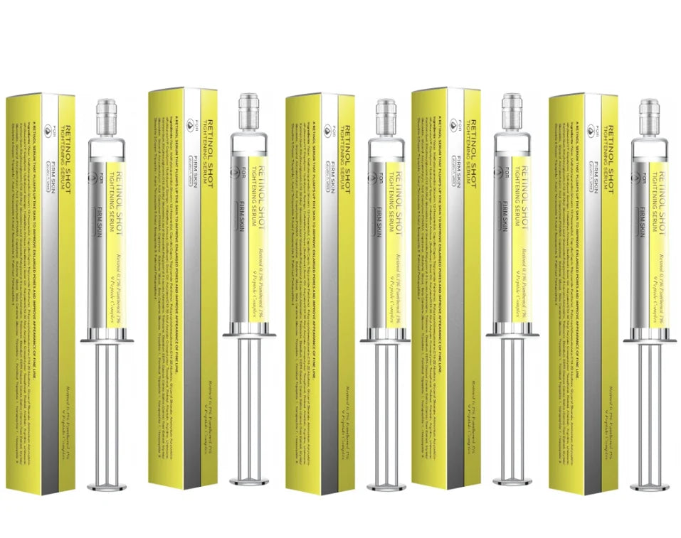 Multiple retinol shot serum bottles with tubes and boxes, yellow-green accents