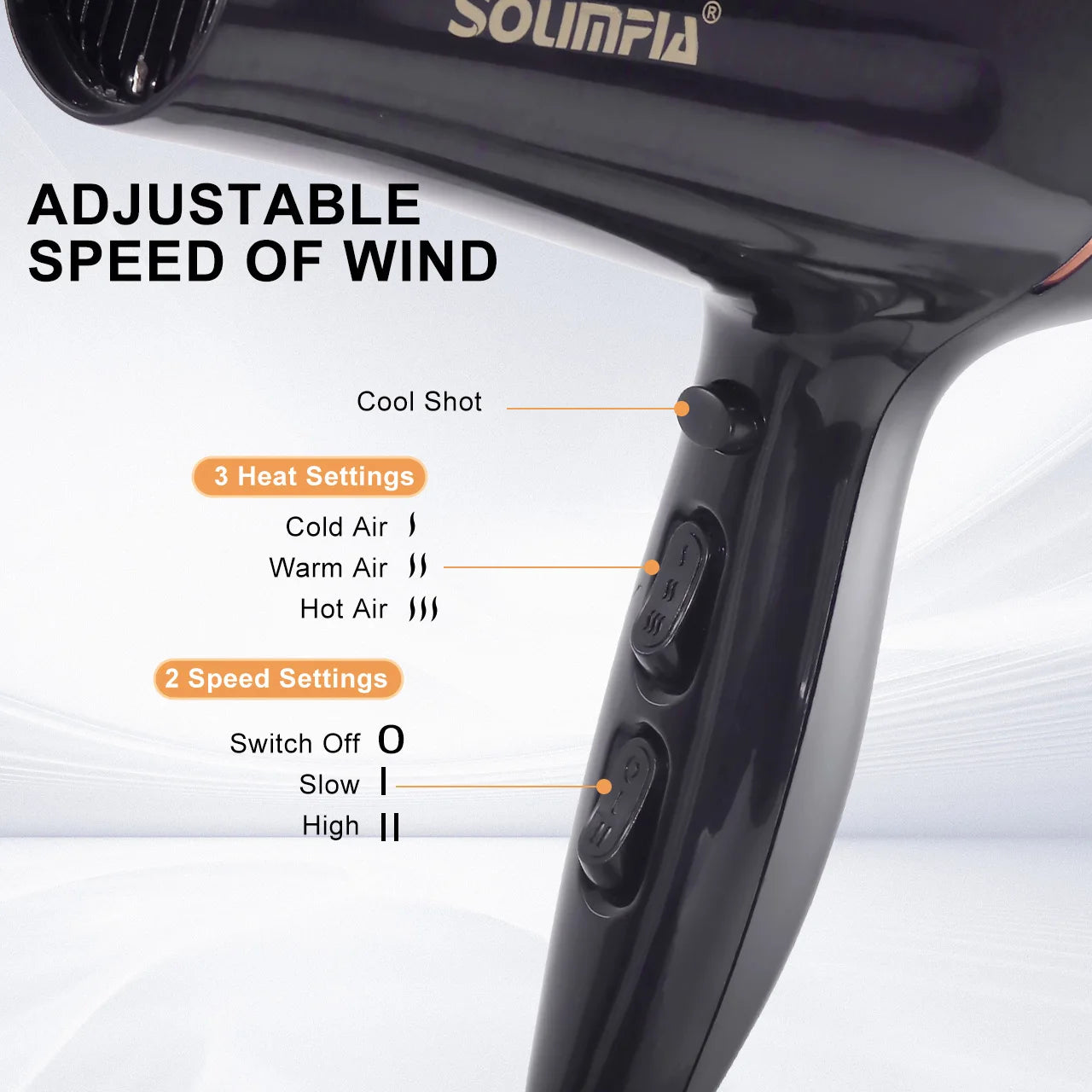 Black professional salon hair dryer with 3 heat and 2 speed settings plus cool shot button for custom styling.