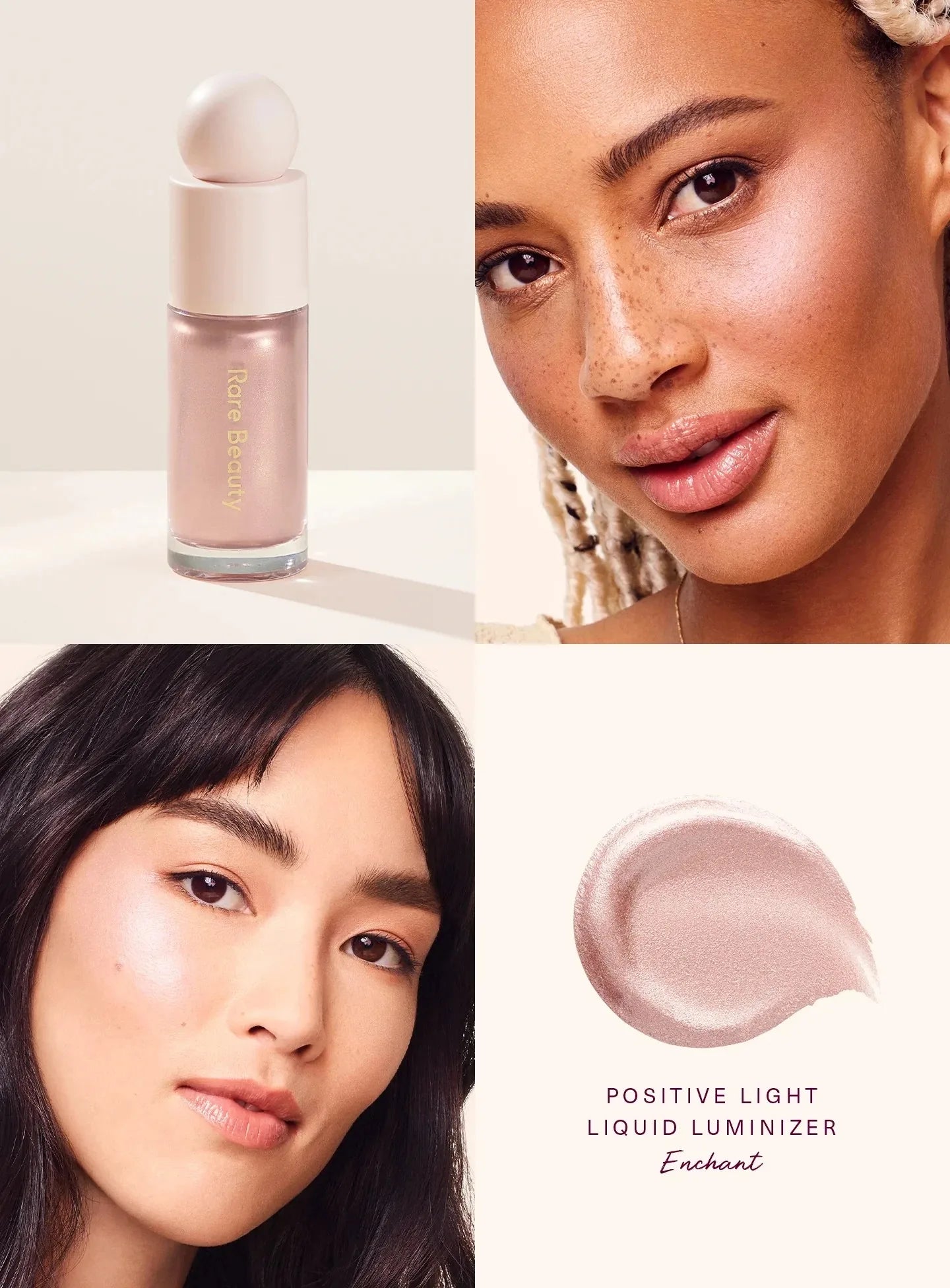 Rare Beauty Positive Light Liquid Luminizer in Enchant: a shimmery, champagne-pink liquid highlighter swatch and model.