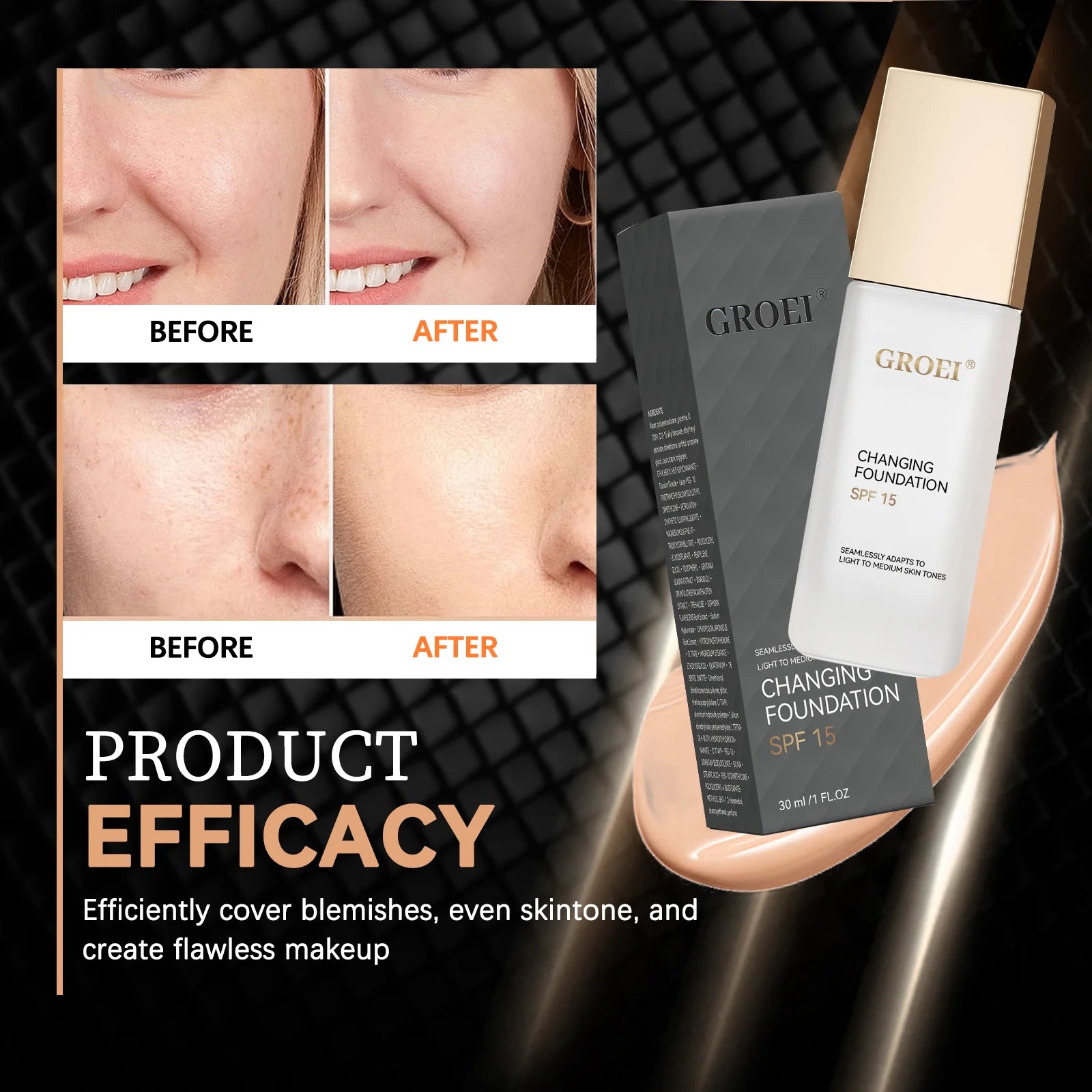 Tidesmit GROEI Changing Foundation SPF15 texture close-up showing lightweight auto-adjusting coverage for flawless skin