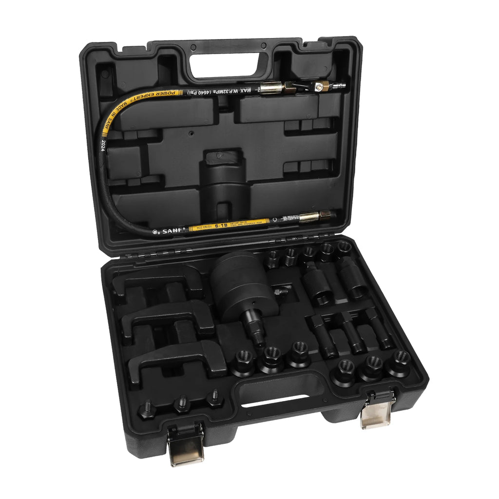 Podofo 24PCS Pneumatic Diesel Injector Puller Tool Kit Air Powered Injector Extractor Removal Tool Set with 19 Adapters Hooks for Common Rail Fuel Injectors Diesel Engine Repair Garage Auto Tools