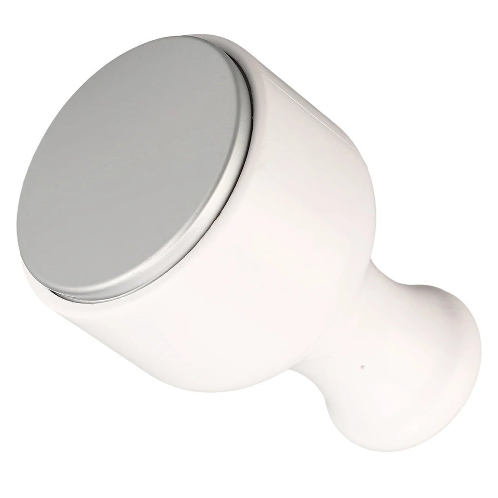 White ice facial roller with a smooth, circular silver cooling head and ergonomic handle, isolated on white.