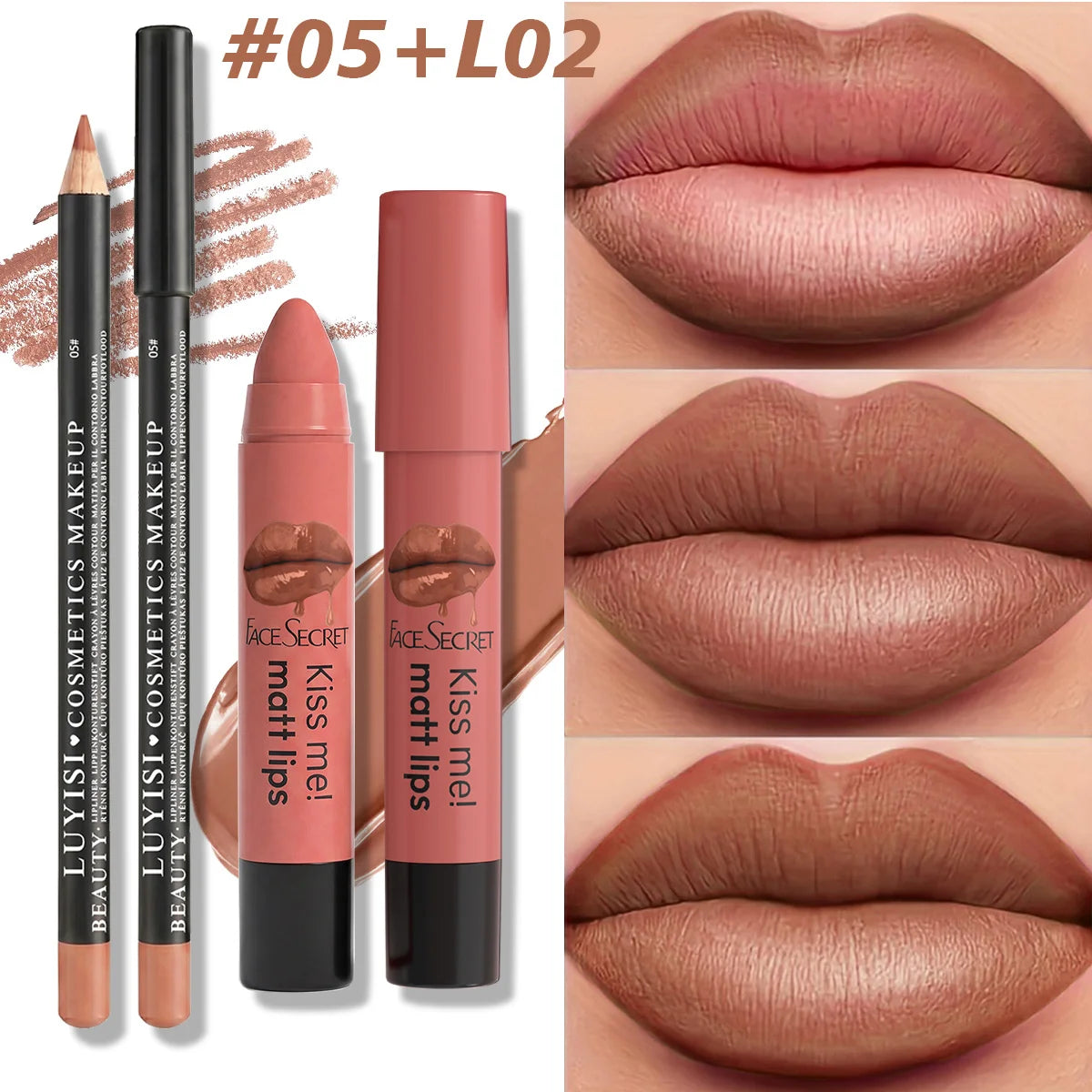 2pc matte lipstick and lip liner kit in dusty rose nude, waterproof long-wear makeup for professional lip definition.