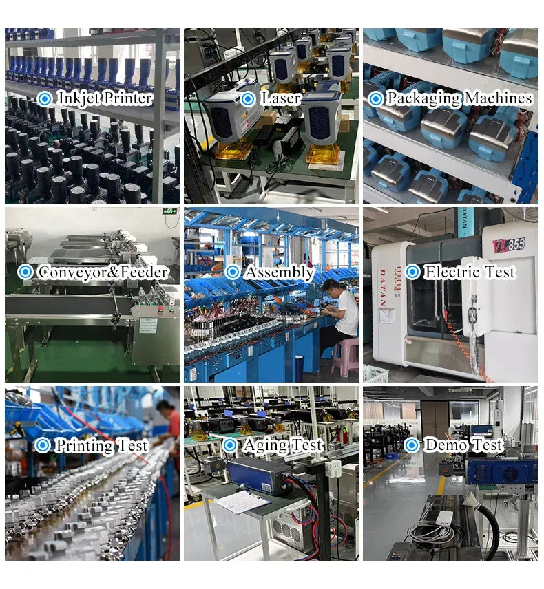 Industrial printing machine setup with conveyor, assembly, and test stations