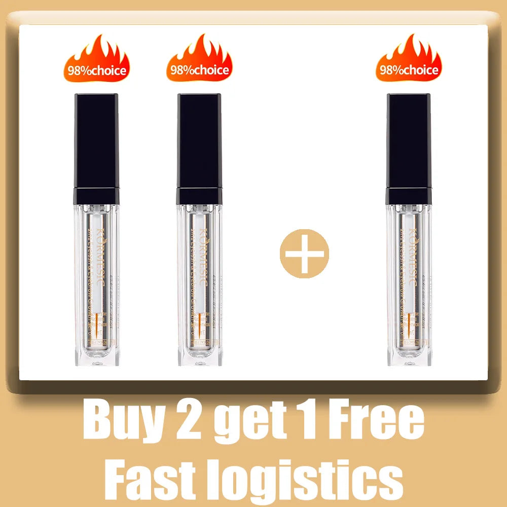 Three tubes of 2-in-1 eyebrow and eyelash growth serum for longer, thicker lashes in clear containers with black caps.