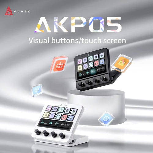 Ajazz AKP05 macro keyboard in black and white, featuring visual touch screen buttons and four control knobs.